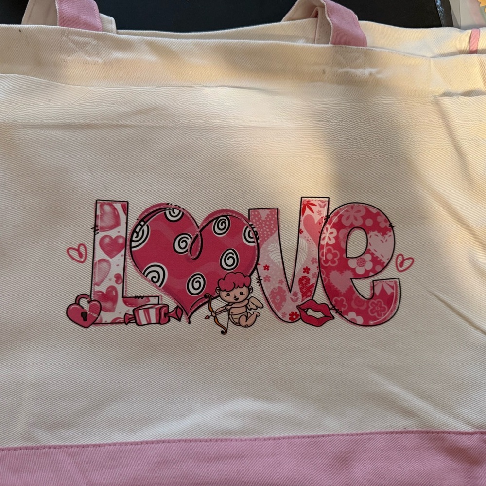 Cream Tote Bag with Pink Handles and Love Design